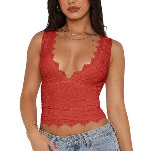 NWT Rusty Red Lace V-Neck Cropped Coquette Tank Top | Y2K | Size S